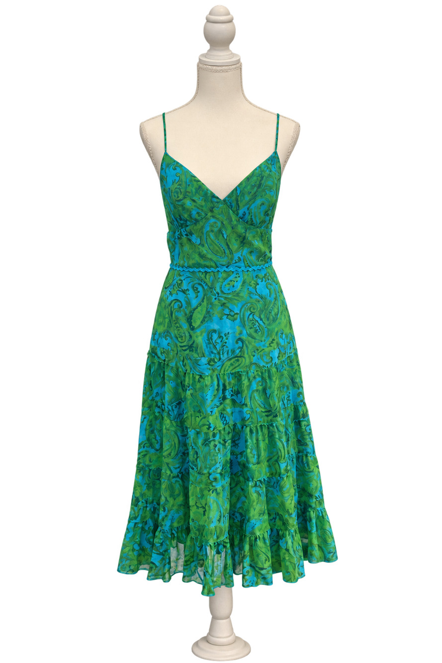 Muse 100% Silk Blue Green Paisley Tiered Midi Dress Size 4 Spaghetti Strap